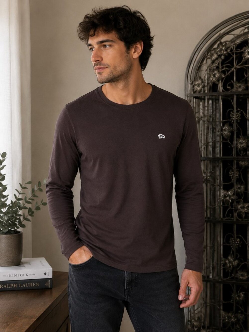 Men's XL Buffalo David Bitton Brown Long Sleeve V-Neck Shirt